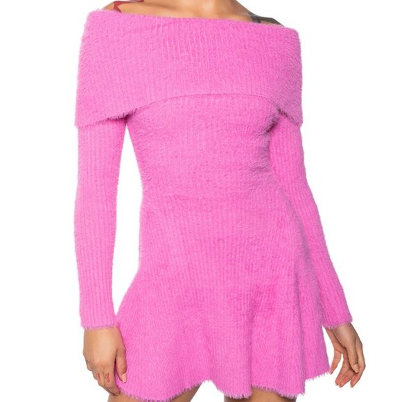 Callie Pretty in Pink: Fuzzy Furry Off The Shoulder Knit Mini Skater Dress Small - Picture 1 of 5